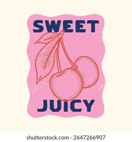 Sweet cherry artwork. Cherry juice print. Cherry graphic, vintage hand drawn fruits print design, fruit print artwork, summer t-shirt design, women's t-shirt , tops, sweatshirt fruit print design
