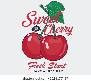 Obra de arte de cereza dulce. Te quiero mucho, cereza. Estampado de cereza. Diseño de impresión de club de frutas de Naturaleza. Obra de arte de comida orgánica para camiseta. Diseño de camiseta vintage de frutas. Empieza un nuevo día. Que tengas un buen día.