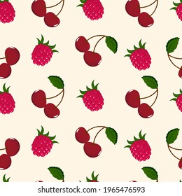 Sweet cherry. Beautiful summer pattern with cherries and raspberries, seamless pattern