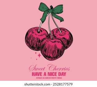 Cereza dulce con ilustraciones de arco. Te quiero mucho, cereza. Estampado de cereza. Diseño de impresión de club de frutas de Naturaleza. Obra de arte de comida orgánica para camiseta. Diseño de camiseta vintage de frutas. Que tengas un buen día.