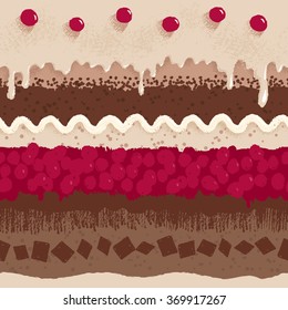 Sweet cherry cake dessert with cream and chocolate, seamless pattern, vector grunge background.