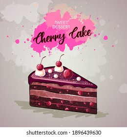 Sweet cherry cake on artistic watercolor background. Dessert menu