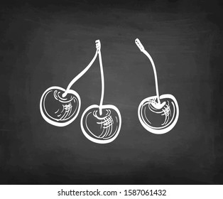 Sweet cherry. Chalk sketch on blackboard background. Hand drawn vector illustration. Retro style.