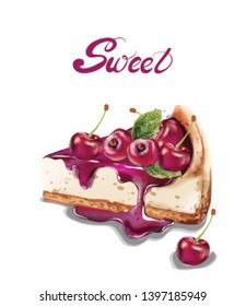 Sweet cherry cheesecake Vector watercolor. delicious desserts with fruit topings