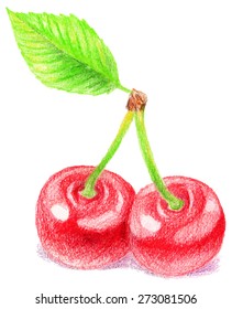 Sweet cherry - color pencils illustration. 