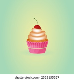 Sweet cherry cupcake with cream.Vector muffin with cherry.	

