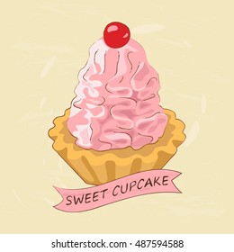 Sweet cherry cupcake dessert. Paper background. Vector EPS 10