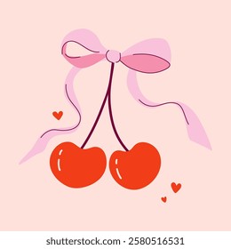 Sweet cherry duo. Two cherries with coquette bow and hearts. Retro style Happy Valentine's Day greeting card.  Cute print for poster, textile, decoration. Flat design hand drawn vector illustration.
