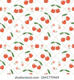 Sweet cherry fruit pattern with cartoon cat face characters and blossoms. Cute childish illustration for fabric, textile, apparel.