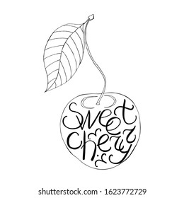 Sweet cherry hand drawn flat vector lettering. Ink calligraphy. The letters are inscribed in the shape of a berry. Black contour ripe berry isolated on a white background 