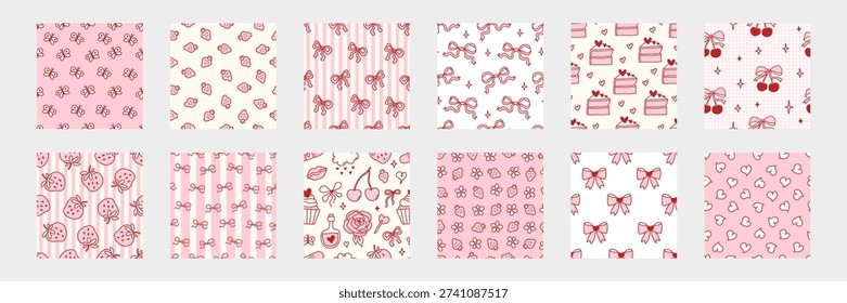 Sweet cherry and heart seamless background set with delicate ribbons. Adorable coquette pattern ideal for girly textiles, vintage Valentine prints, or romantic cottage decor. Vector illustration