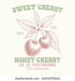 Sweet cherry honey cherry.  vintage graphics print art, women's fashion design for fruit print trend , summer t-shirt design, sweatshirt.  Sweet cherry artwork. Cherry fruit print. Organic fresh fruit