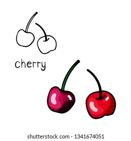 Sweet cherry, cherry illustration drawn by hand. Color and contour image on a white background.
