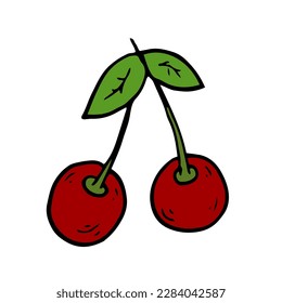 Sweet cherry Isolated doodle vector illustration. Concept summer, fruits, berries and healthy food. Strawberries flowers and green leaves. Clip art for web, print, cover, menu, cards, social media.
