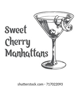 Sweet cherry manhattans cocktail. Vector illustration