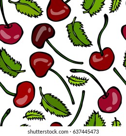Sweet Cherry and Mint Leaves Seamless. Doodle Style Vector Design, Isolated on White Background.