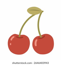 Sweet cherry pair in flat vector hand-drawn style with soft red tones and leafy stems. Ideal for summer fruit illustrations, dessert design, and vintage-inspired food graphics.