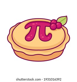 Sweet cherry pie with greek letter Pi, maths symbol. Cute cartoon drawing, vector clip art illustration. 3.14 (March 14) International Pi day.