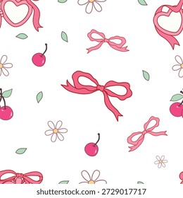 Sweet Cherry and Pink Ribbon Bow Seamless Pattern