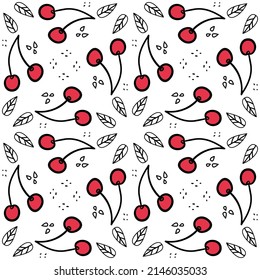 Sweet cherry repeating pattern. Seamless texture with wild berries. Summer motives with fresh healthy food ingredients. Juicy vector illustration for cocktail party or delicious jam production.