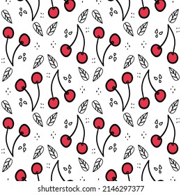Sweet cherry repeating pattern. Seamless texture with wild berries. Summer motives with fresh healthy food ingredients. Juicy vector illustration for cocktail party or delicious jam production.