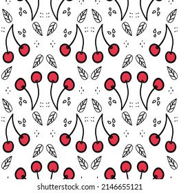 Sweet cherry repeating pattern. Seamless texture with wild berries. Summer motives with fresh healthy food ingredients. Juicy vector illustration for cocktail party or delicious jam production.