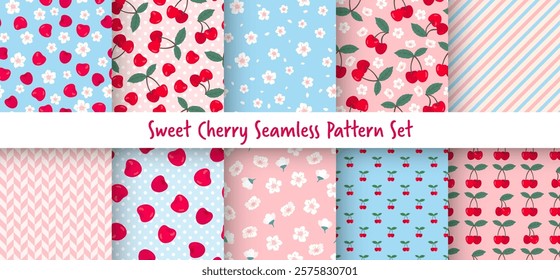 Sweet cherry seamless pattern set. Vector cute spring fruit print with red cherries and flowers on pink and blue background. Juicy berry and blossom textures for wrapping, fabric, summer textile.