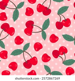 Sweet cherry seamless pattern. Vector cute summer fruit print with red cherries on pink dotted background. Juicy berry and leaf texture for wrapping, fabric, summer decoration, textile, fashion.