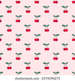 Sweet cherry seamless pattern. Vector cute summer fruit print with red cherries on pink background. Juicy double berry with leaf texture for wrapping, fabric, summer decoration, textile, fashion.