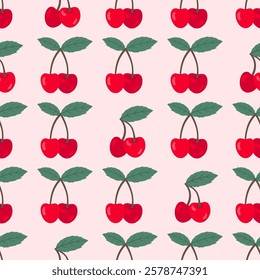 Sweet cherry seamless pattern. Vector cute summer simple fruit print with red cherries on pink background. Juicy double berry with leaf for wrapping, fabric texture, summer decor, textile, fashion.