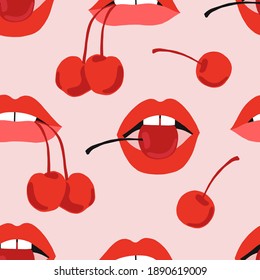 Sweet cherry and sexy woman lips seamless pattern French lipstick makeup mouth eating red berry background Valentines Day love design Vector illustration