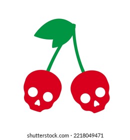 Sweet cherry skull icon. Sketch of a tattoo. Halloween flat design. Cartoon vector illustration