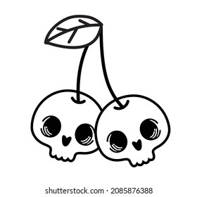 Sweet cherry skull. Sketch of a tattoo. Halloween flat design. Cartoon vector illustration