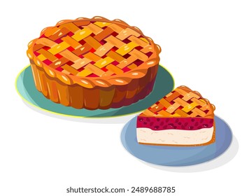 Sweet cherry or strawberry pie, piece cake. Cartoon isolated baked round tart with red jam. whole homemade cake baked round braided pie ruddy on plate