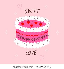 Sweet cherry Valentines day cake with bows and whipped cream, cute vector print, postcard, poster