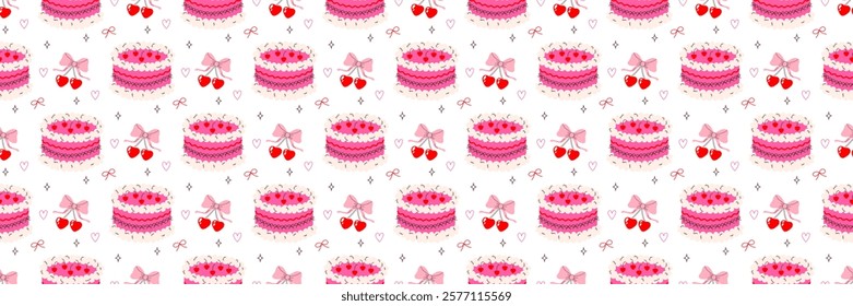 Sweet cherry Valentines day cake with bows and whipped cream, cute vector seamless pattern, print, background, wallpaper