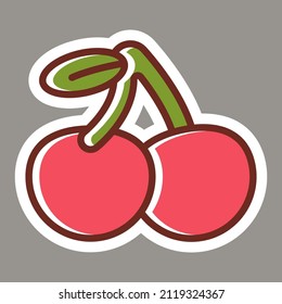 Sweet cherry vector cartoon sticker isolated on background.