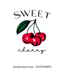 Sweet cherry written in black with three cherries on the stem as the central image. Vector for silkscreen, dtg, dtf, t-shirts, signs, banners, Subimation Jobs or for any application