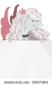 Sweet cherub holding valentine banner with place for your text in her hands. Vector isolated on white illustration. 
