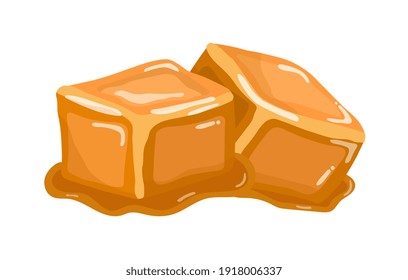 Sweet chewy caramel toffee candy dessert on white background