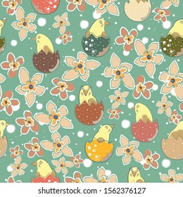 Sweet Chickens in an egg. Newborns. Cute background with white dots. Sweet and small. Vector Illustration