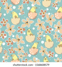 Sweet Chickens in an egg. Newborns. Cute background with white dots. Sweet and small. Vector Illustration