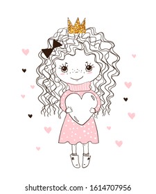 A sweet child hugs a big heart. Little princess in the crown, blank for greeting card, print, invitation, holiday. Hand drawing for a nursery. Vector illustration isolated on white