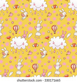 Sweet childish background made of cartoon signs: lovely rabbits, hearts, stars, clouds and air balloon in the sky