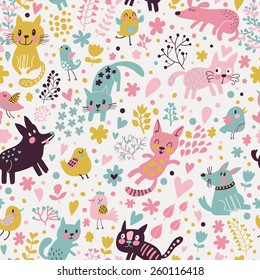 Sweet childish seamless pattern with birds, cats and funny dogs in vector. Seamless pattern can be used for wallpapers, pattern fills, web backgrounds,surface textures. Lovely childish wallpaper