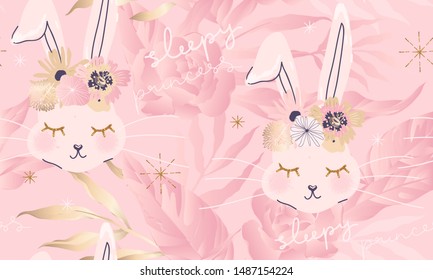 Sweet childish seamless pattern with bunnies. Trendy creative vector background. Sign "SLEEPY PRINCESS".