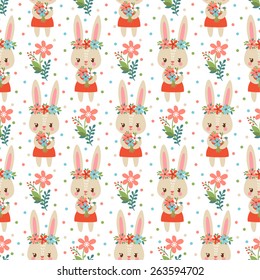 Sweet childish seamless pattern with cute  rabbits holding flowers. Lovely childish wallpaper in vector.