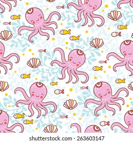 Sweet childish seamless pattern with octopuses, fish, corals, shells. Marine design in vector.