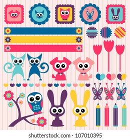 Sweet childlike scrapbook elements with animals