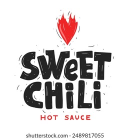 Sweet Chili. Spicy hot sauce. Badge, illustration of hot fire heart. Vector file.